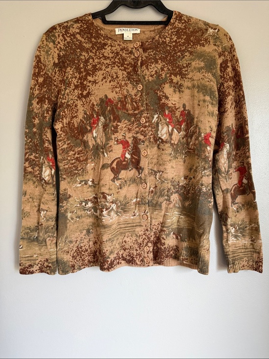 Pendleton Sweaters - Vintage Pendleton Equestrian Fox Hunt Toile Knit Cardigan Sweater Merino Wool M